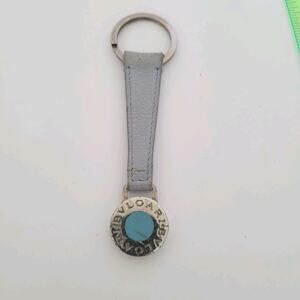 Authentic BVLGARI Key Bag Charm Metal Leather Silver Blue Tone Designer Fair